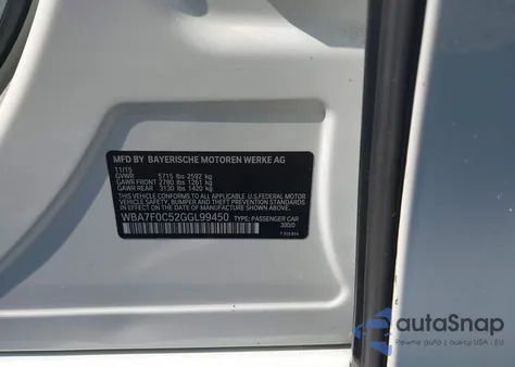 2016 BMW 750I I z USA, uszkodzony, nr VIN WBA7F0C52GGL99450